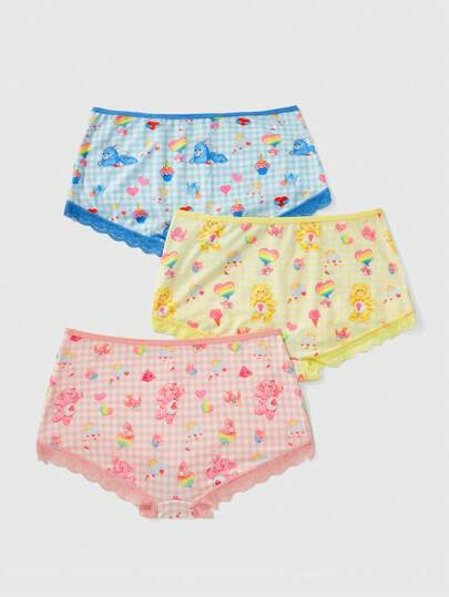 ROMWE X Care Bears Ropa Interior De 3 Piezas Para Mujer Con Cuadros, Encajes Y Dibujos Impresos En Parches