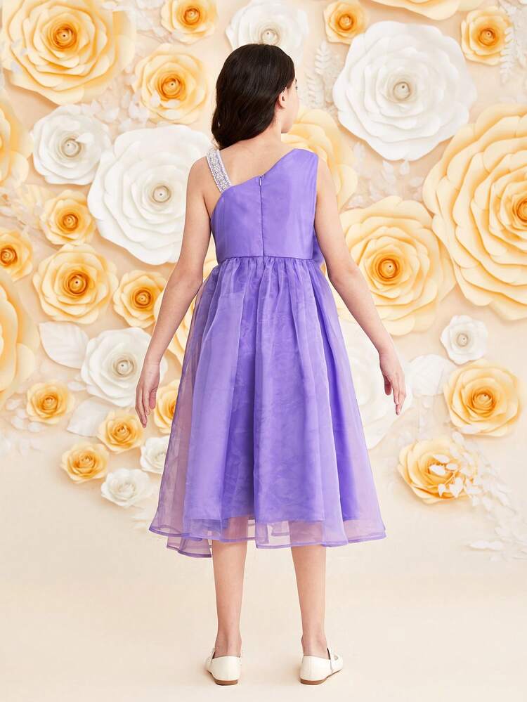Tween Girl's Sleeveless Asymmetrical Neckline Midi Dress With 3d Flowers, Tulle Fabric
