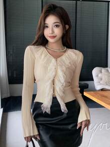 DAZY Lace Joint Cardigan With Buttons For Women - Beige - View 6