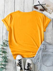 SHEIN 夏季大码女式印花短袖 T 恤，带笑脸图案 - 黃色 - 查看 2