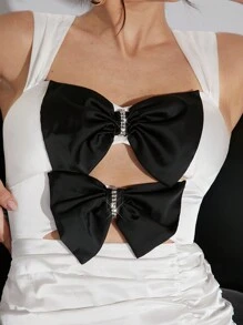 Hauture Bow Contrast Ruched Ruffle Hem Dress