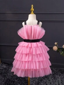 SHEIN Young Girls' Sweet & Cool Mesh Spaghetti Strap Dress For Daily Wear - Pink - View 2