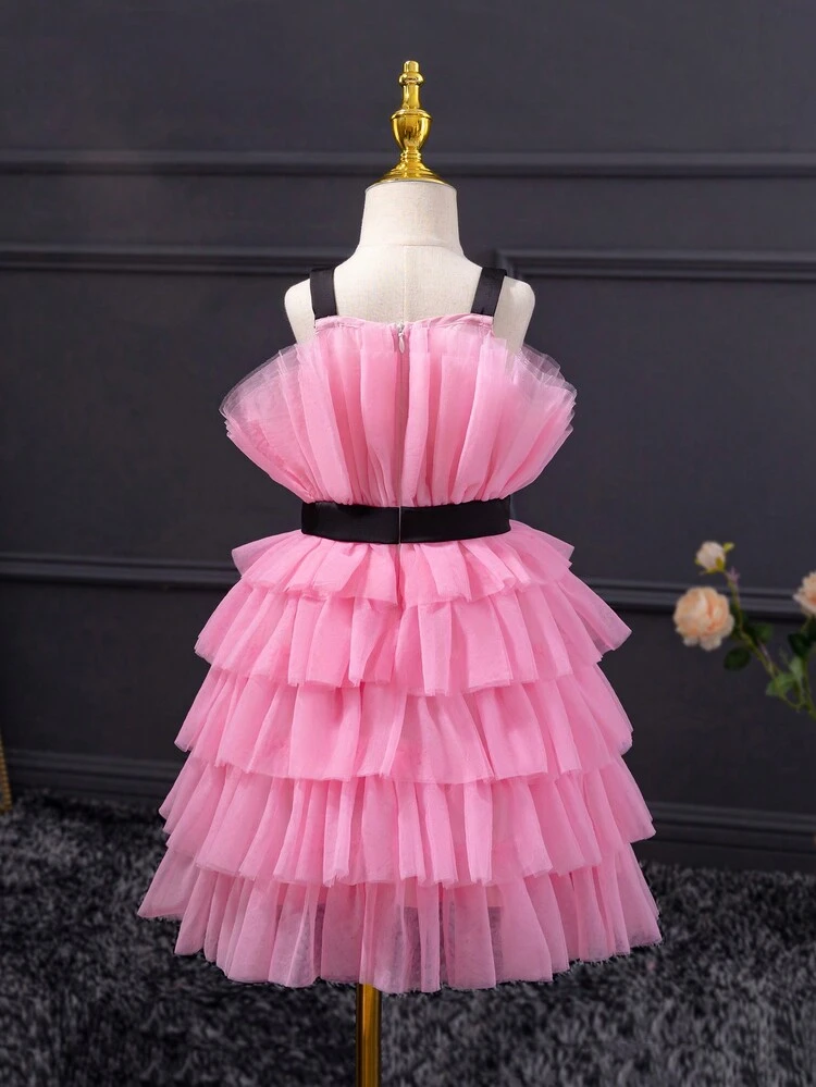 Young Girls' Sweet & Cool Mesh Spaghetti Strap Dress For Daily Wear