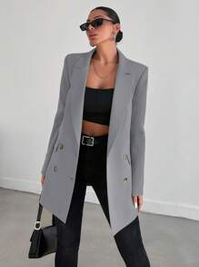 EURMUSE Exquisitely Tailored Double Breasted Structured Blazer - Light Grey - View 6