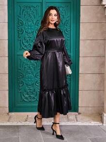 RueChic Modest Satin Dress With Shirred Detail On Bottom - Black - View 4
