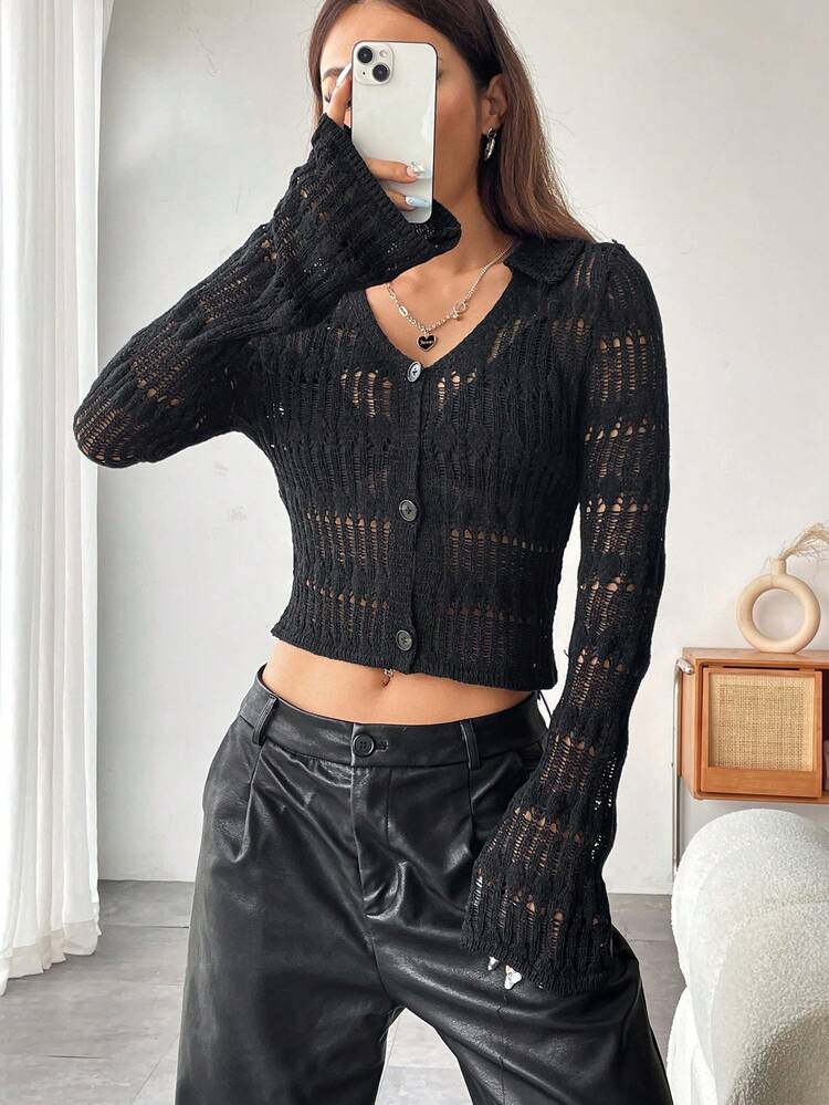 Solid Color Hollow Knit Cardigan