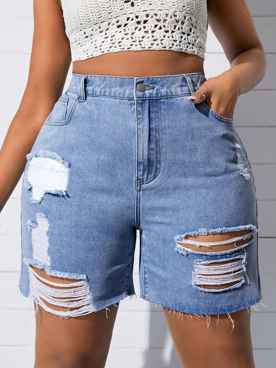 SHEIN SXY Kích thước lớn Của phụ nữ Đau khổ Frayed Hem Quần short Denim - Rửa nhẹ - Xem 1