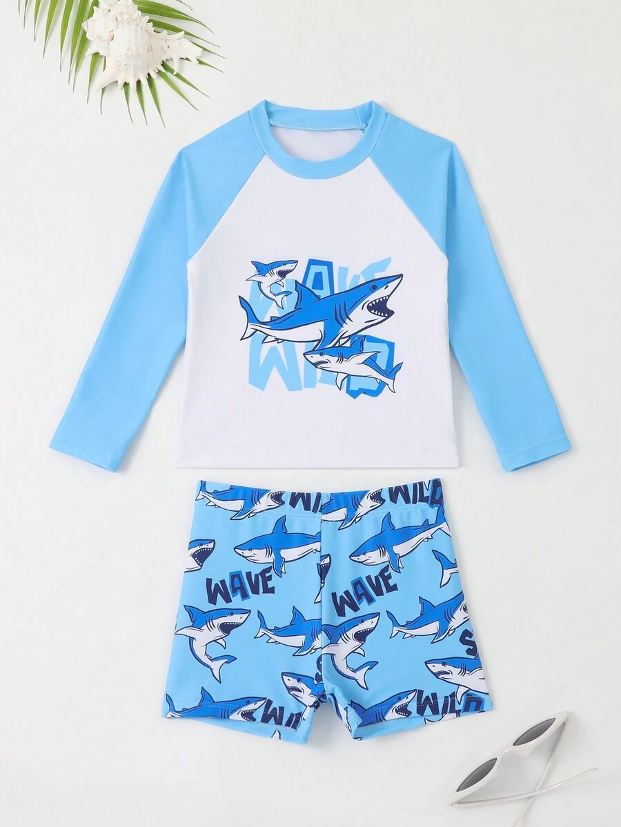Conjunto De Trajes De Baño Para Jóvenes Niños Con Diseño De Tiburón En Bloques De Colores - Multicolor - Ver 1