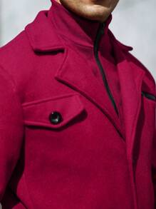 Manfinity Homme Abrigo De Hombre De Lana Con Cuello De Solapa, Detalle Y Cierre De Botonadura Simple - Rojo - Ver 3