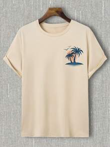 Manfinity RSRT Men Coconut Tree Print Short Sleeve Slim Fit Summer T-Shirt, Casual, For Friends - Apricot - View 4