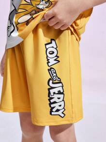 TOM & JERRY X SHEIN Young Boy Cartoon Graphic Colorblock Tee And Shorts Set - Yellow - View 7