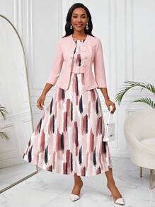 SHEIN Lady Women's Long Sleeve Single Breasted Coat And Sleeveless Dress 2pcs/Set