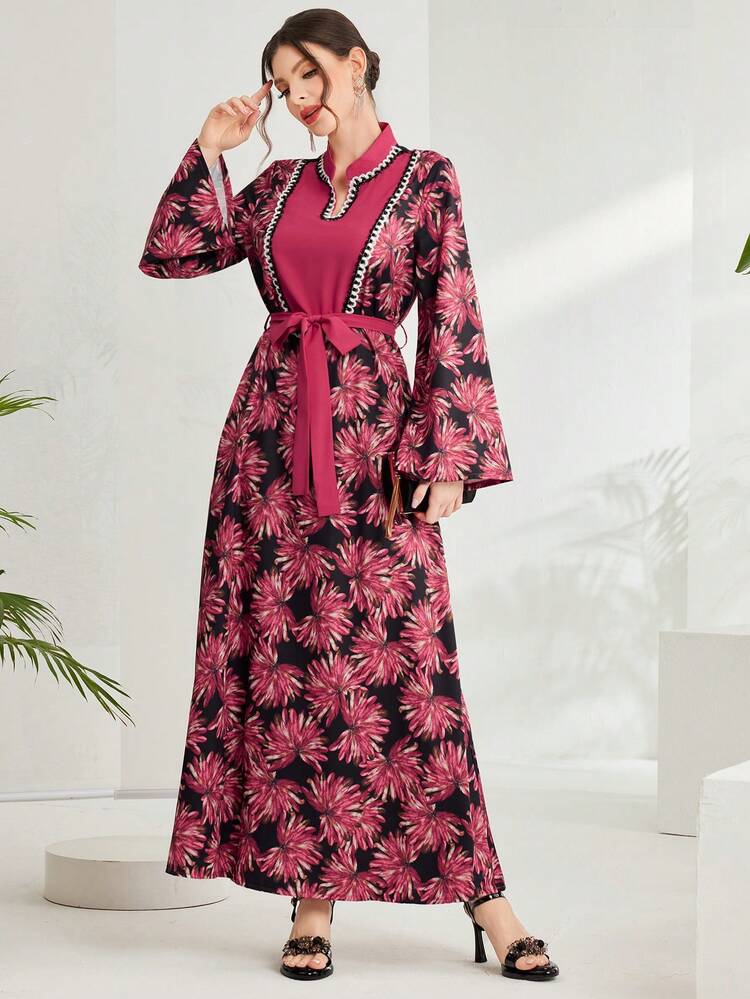 Flower Print Splice Ribbon Decor Notched Neck Bell Sleeve Dress