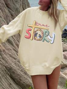 女士休闲圆领卡通字母印花时尚卫衣，秋冬 - 杏色 - 查看 1