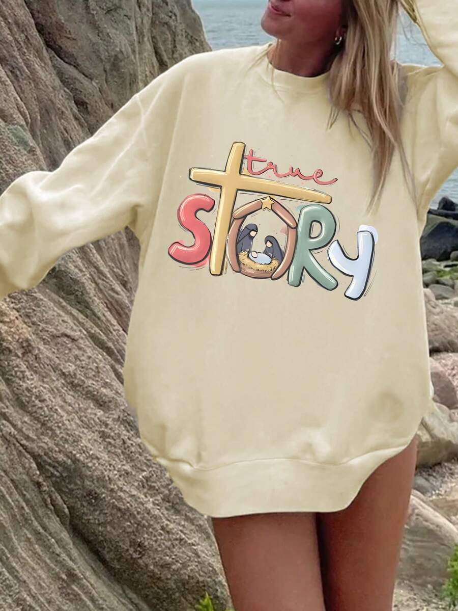 女士休闲圆领卡通字母印花时尚卫衣，秋冬 - 杏色 - 查看 1