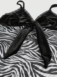 ROMWE J-Fashion Plus Size Women Summer Bow Detail Decoration Patchwork Lace Zebra Striped Camisole - Black - View 3