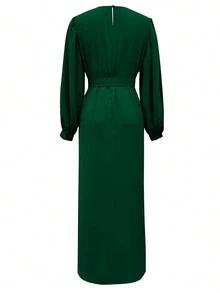 Đầm dài kiểu Ả Rập thanh lịch, màu trơn, cổ tròn, tay phồng, thích hợp cho kỳ nghỉ xuân kín đáo dành cho nữ. - Màu xanh lá cây đậm - Xem 2