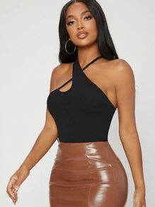 SHEIN SXY Wrap Cross Cut-out Rib-knit Top - Black - View 3