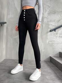 EURMUSE Women's Button Fly Tight Fit Skinny Jeans - Black - View 4