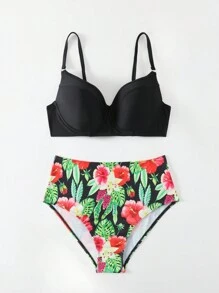SHEIN Swim Summer Plant Print Push Up Bikini Set For Women Carnival
