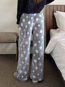 DAZY Women's Star Pattern Thermal Lined Pajama Bottoms, Winter, For Fall - Black and White - View 2