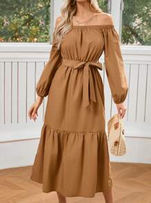 GENKIRA Solid Color Off-Shoulder Long Sleeve Dress - Brown - View 4