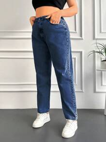 EURMUSE Plus High Waist Slant Pocket Jeans - Blue - View 5