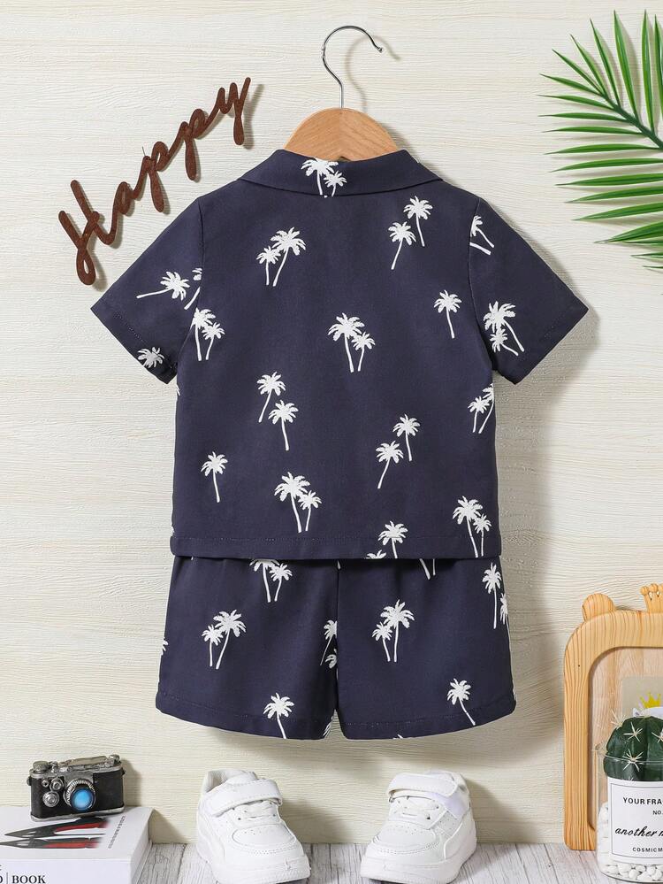 Unisex Baby'S Coconut Tree Pattern Polo Shirt With Short Sleeve & Button Placket And Casual Shorts Set