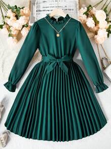Tween Girls' Belted Dress With Ruffled Hem & Waistband Decoration,Holiday,Summer,Travel - Dark Green - View 8