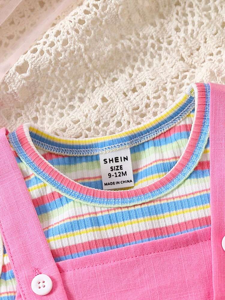 2pcs/Set Baby Girl Casual Wear Cute Rabbit Embroidery Suspender Pants With Striped Top, Suitable For Spring And Summer Outing