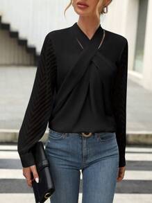 SHEIN Clasi Solid Criss Cross Front Blouse,Long Sleeve Tops - Black - View 6
