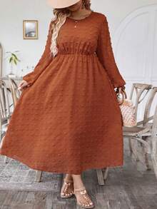 SHEIN Clasi Kích thước lớn Vòng cổ Tay áo lồng đèn Dệt hoa Đầm - trái cam - Xem 4