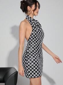 Hauture Vestido halter sensual con espalda descubierta, con volantes y diseño de cuadros con lentejuelas