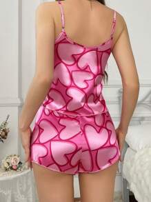 Women's Silk-Like Heart Pattern Printed Cami And Shorts Pajama Set - Hot Pink - View 2