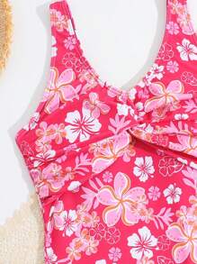 SHEIN 隨機印花和扭結細節的少女單件泳裝 - 玫紅色 - 查看 4