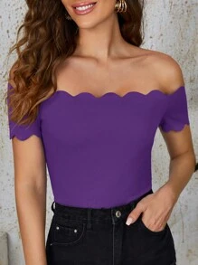 SHEIN Clasi 女款扇形下擺純色露肩 T 卹 - 紫色 - 查看 4
