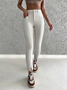 EURMUSE 98%Cotton High Waist Split Hem Skinny Jeans - Beige - View 5