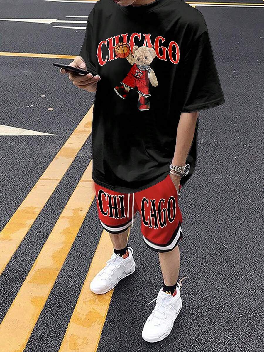 Manfinity Campus Court Aesthetic Post--Men's Cartoon & Letter Print Drop Shoulder Short Sleeve T-Shirt And Basketball Shorts Set, Going Out, Friends - Multicolor - View 1
