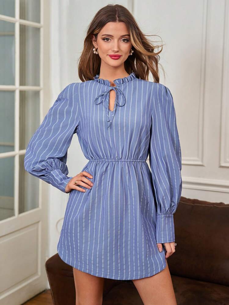 Striped Collar & Belted Dress Winter Casual