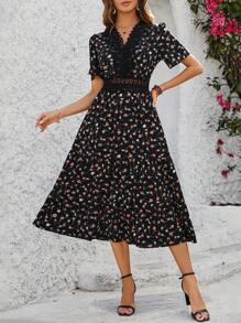 Chiquease Đầm Maxi In Hoa Ren Viền Cổ Chữ V Tay Ngắn Cho Nữ - màu đen - Xem 6