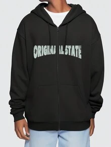 ROMWE MEN Grunge Punk 男士卡通和標語印花拉鍊連帽衛衣 - 黑色 - 查看 2