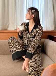 DAZY Color Block Leopard Print Edge Rolling Long-Sleeved Top And Pants Pajamas Set