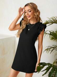 SHEIN Clasi Round Neck Ruffle Trim Embellished Woven Dress - Black - View 6