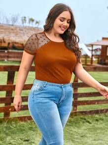 SHEIN LUNE Plus Size Heart Mesh Joint T-Shirt For Summer - Rust Brown - View 5