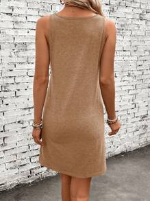 SHEIN LUNE 女士無袖棕櫚樹印花字母圖案坦克連衣裙 - 棕色 - 查看 2