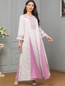 Long Floral Patchwork Embroidered Abaya Dress For Women - Pink - View 3
