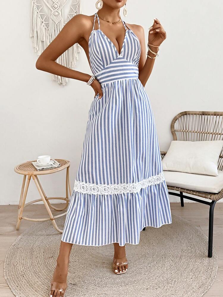 Women's Striped Halter Neck Belted Dress