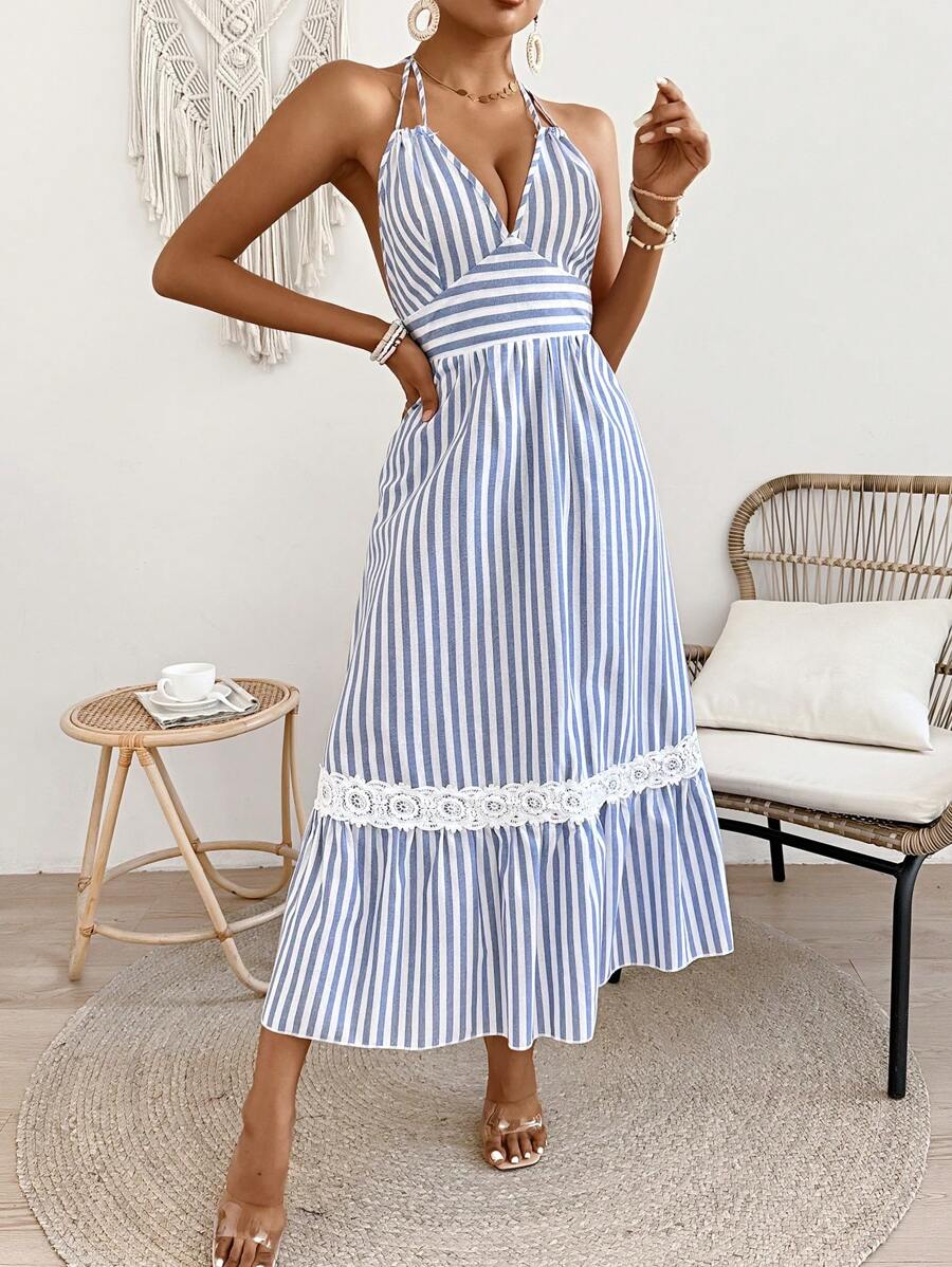 SHEIN LUNE 女性條紋露背連衣裙,配腰帶