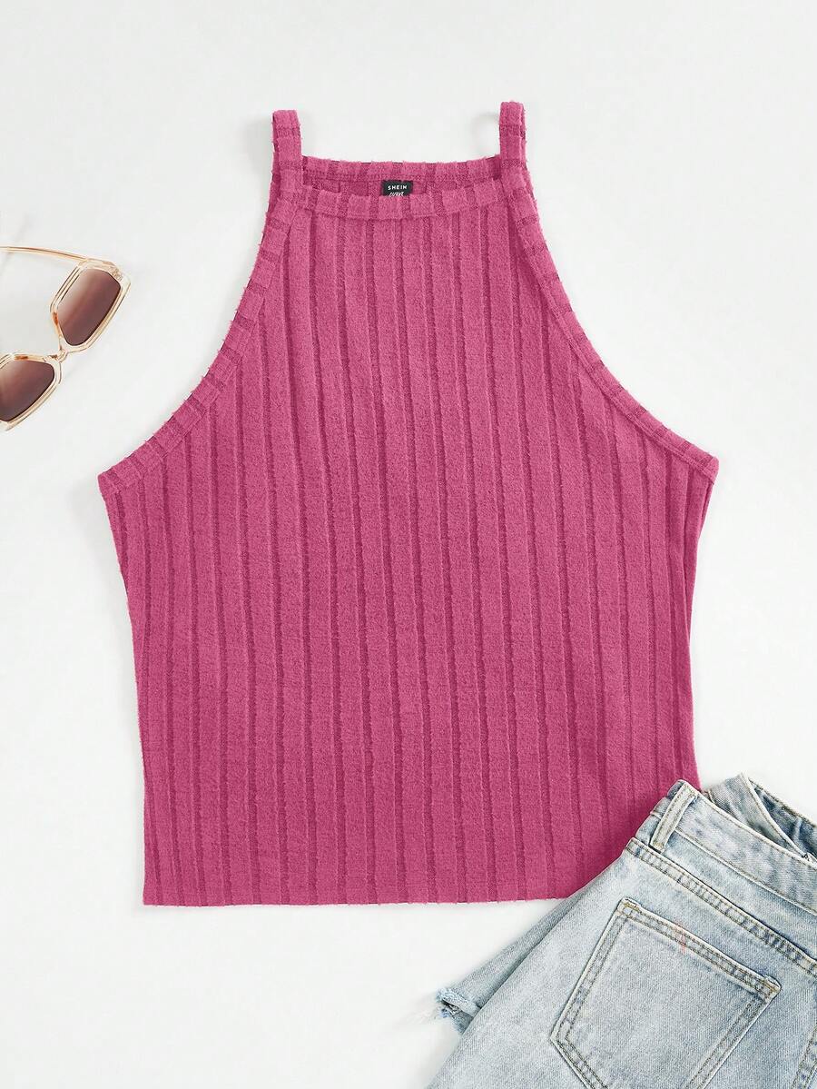 SHEIN EZwear 夏季大尺碼女士針織修身吊帶背心上衣 - 玫紅色 - 查看 1