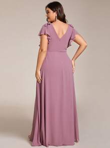 Chiffon Split Thigh Ruffle Trim Bow Shoulder Bridesmaid Dress - Dusty Pink - View 2